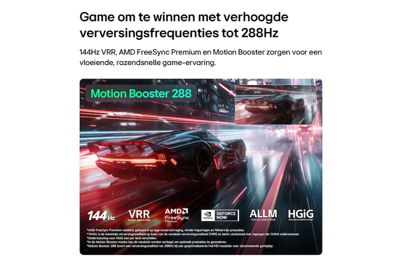 Een LG Mini RGB evo AI MRGB86 met Ultimate Gameplay toont een levendige, supersnelle racescène met een wazige vergelijkingsinzet die Motion Booster 288 benadrukt, terwijl het 144Hz, VRR, AMD FreeSync, ALLM, HGiG en GeForce NOW ondersteunt.