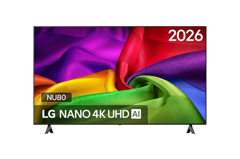Vooraanzicht van 65 inch LG NANO 4K UHD AI NU80 Smart TV 2026 65NU800B6LA