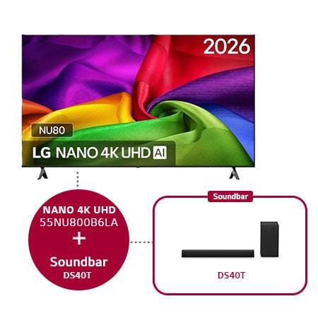 55 inch LG NANO 4K UHD AI NU80 Smart TV 2026 & DS40T 2.1 kanaal  - 55NU800B6LA.DS40T