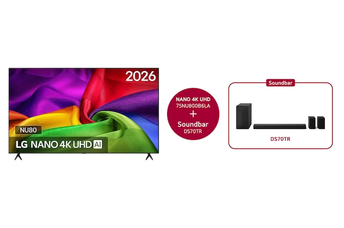 LG 75 inch LG NANO 4K UHD AI NU80 Smart TV 2026 & DS70TR 5.1.1-kanaals, 75NU800B6LA.DS70TR