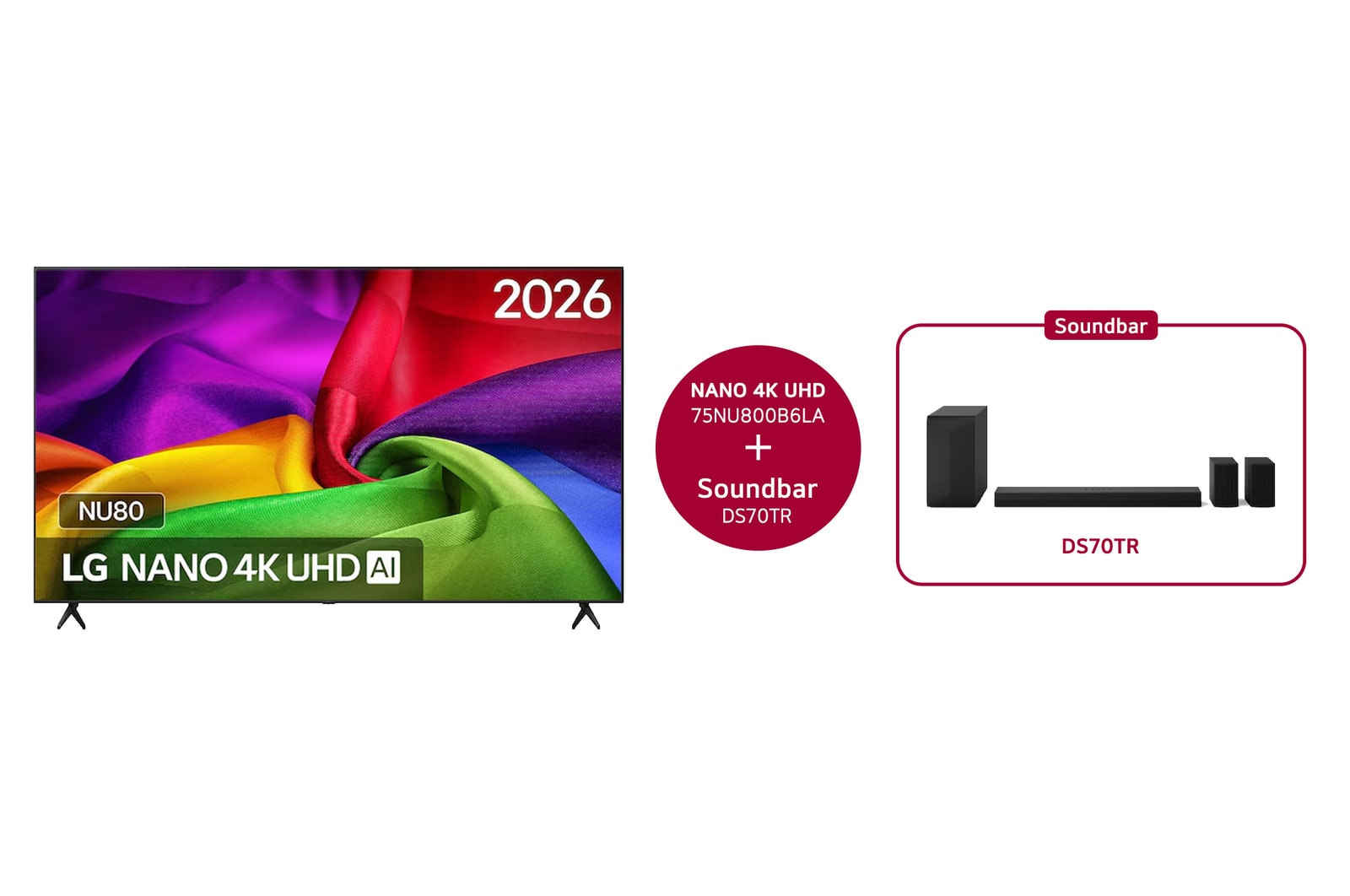 Vooraanzicht van 75 inch LG NANO 4K UHD AI NU80 Smart TV 2026 & DS70TR 5.1.1-kanaals 75NU800B6LA.DS70TR
