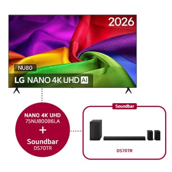 De voorkant van de LG NANO 4K UHD AI NU80, gelanceerd in 2026, vult het scherm met rijk gestructureerde, stofachtige kleurlagen, waarbij levendige veelkleurige plooien vloeiend over het scherm lopen.