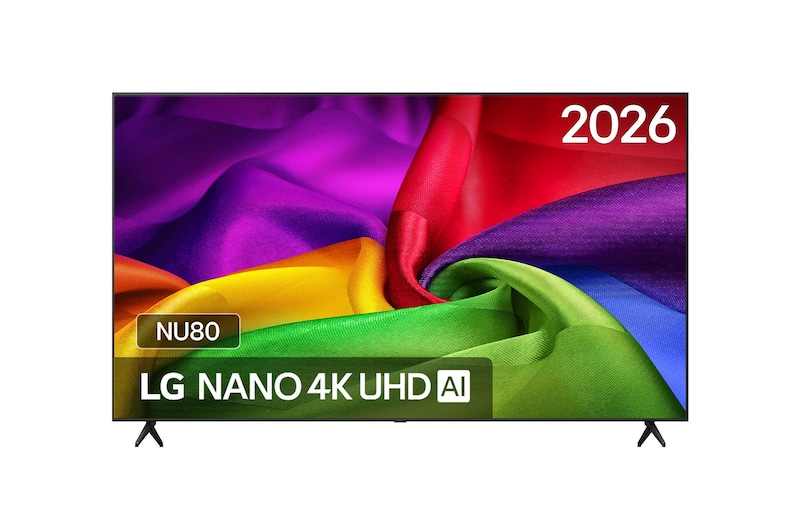 Vooraanzicht van 75 inch LG NANO 4K UHD AI NU80 Smart TV 2026 75NU800B6LA
