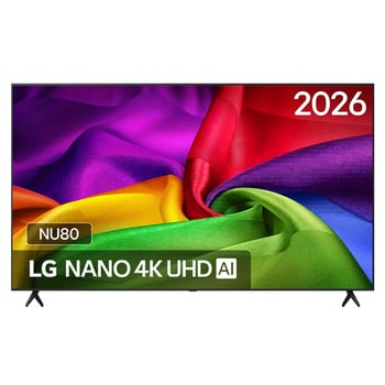 De voorkant van de LG NANO 4K UHD AI NU80, gelanceerd in 2026, vult het scherm met rijk gestructureerde, stofachtige kleurlagen, waarbij levendige veelkleurige plooien vloeiend over het scherm lopen.