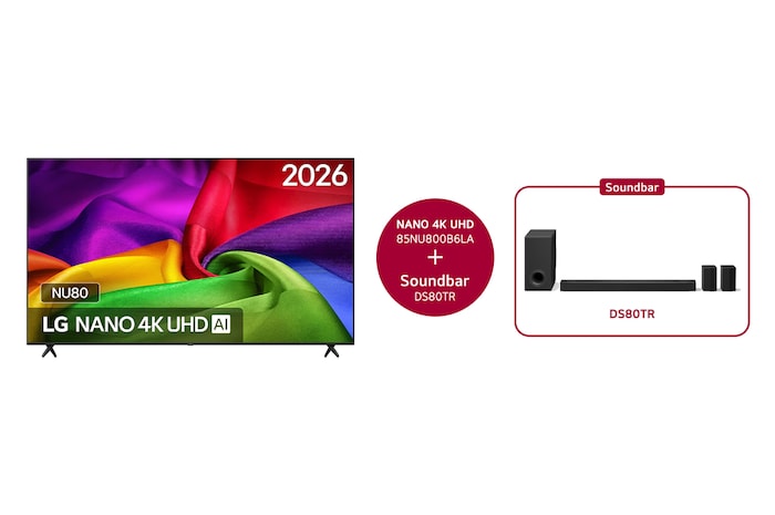 LG 85 inch LG NANO 4K UHD AI NU80 Smart TV 2026 & DS80TR 5.1.3-kanaals, 85NU800B6LA.DS80TR