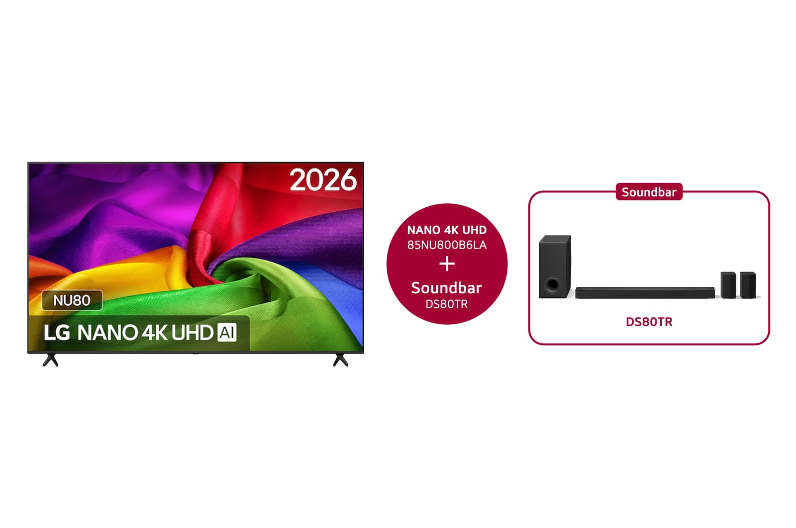 Vooraanzicht van 85 inch LG NANO 4K UHD AI NU80 Smart TV 2026 & DS80TR 5.1.3-kanaals 85NU800B6LA.DS80TR