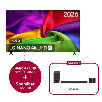 De voorkant van de LG NANO 4K UHD AI NU80, gelanceerd in 2026, vult het scherm met rijk gestructureerde, stofachtige kleurlagen, waarbij levendige veelkleurige plooien vloeiend over het scherm lopen.