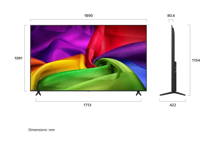 Een LG NANO 4K UHD AI NU80, gezien van de voorkant en van de zijkant, beschikt over een 85-inch scherm met een breedte van 1890 mm, een hoogte van 1081 mm, een hoogte van 1154 mm met voet, een profieldiepte van 80,4 mm en een afmeting van de voet van 1713 bij 422 mm.