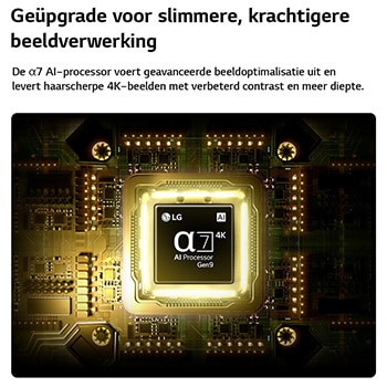 Een Alpha 7 AI Processor 4K Gen9 van de LG NANO 4K UHD AI NU80 straalt in het midden van een gele printplaat en benadrukt de slimmere, krachtigere AI-verwerking die de helderheid van 4K-beelden verbetert met een beter contrast en meer diepte.