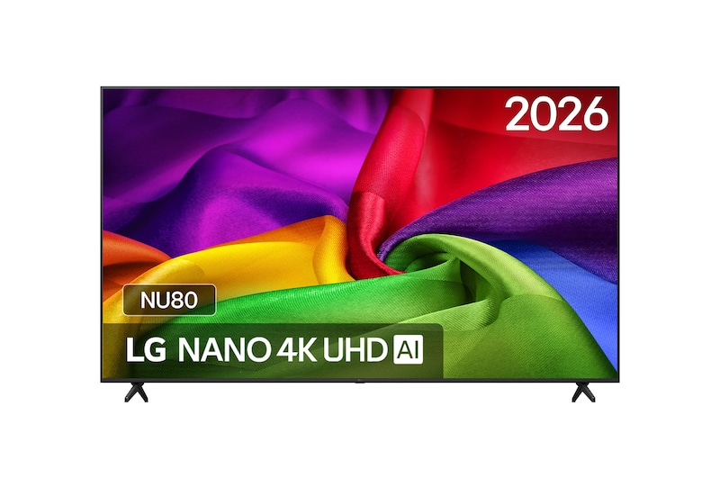 Vooraanzicht van 85 inch LG NANO 4K UHD AI NU80 Smart TV 2026 85NU800B6LA