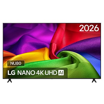 Vooraanzicht van 85 inch LG NANO 4K UHD AI NU80 Smart TV 2026 85NU800B6LA