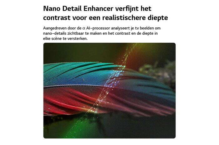 Een LG NANO 4K UHD AI NU80 met Nano Detail Enhancer toont een afbeelding van een veer, aangedreven door de alpha AI-processor die fijne texturen detecteert om het contrast en de diepte te verbeteren en een duidelijker, meer driedimensionaal 4K-beeld te leveren.