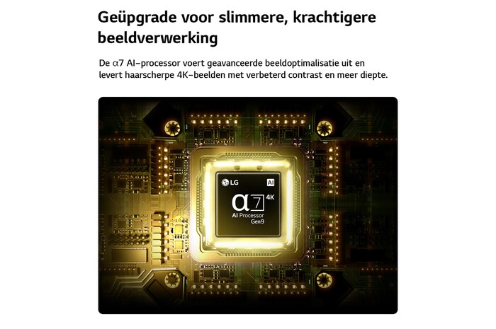 Een Alpha 7 AI Processor 4K Gen9 van de LG NANO 4K UHD AI NU80 straalt in het midden van een gele printplaat en benadrukt de slimmere, krachtigere AI-verwerking die de helderheid van 4K-beelden verbetert met een beter contrast en meer diepte.