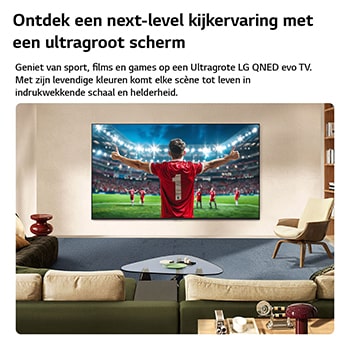 Een LG NANO 4K UHD AI NU80 ultragroot tv-scherm is aan de muur bevestigd in een kamer en toont een voetballer die zijn doelpunt viert in het midden van een stadion onder felle arena-verlichting, waarbij de nadruk ligt op levendige kleuren, helderheid en een meeslepende schaal.
