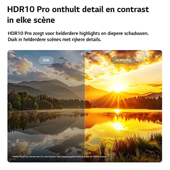Een LG NANO 4K UHD AI NU80 benadrukt HDR10 Pro in een gesplitst landschapsbeeld waarin SDR en HDR10 Pro worden vergeleken, waardoor helderdere highlights, diepere schaduwen en een verbeterd contrast in een zonsondergangscène aan een meer worden onthuld voor rijkere details en helderheid.