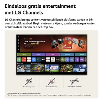 Het startscherm van de LG NANO 4K UHD AI NU80 navigeert naar de LG Channels-interface, waar gratis live tv-zenders, films en exclusieve content worden getoond. Het benadrukt de directe toegang tot honderden entertainmentopties zonder te betalen, zonder abonnement en zonder dat er een set-top box nodig is.