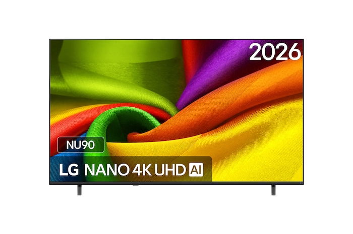 Het frontbeeld van LG NANO 4K UHD AI NU90, uitgebracht in 2026, vult het scherm met vloeiende, vloeiende lagen levendig gekleurde, stofachtige texturen, terwijl gebogen meerkleurige plooien zich over het scherm verspreiden.