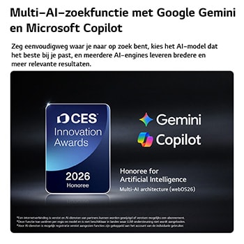 Het CES Innovation Awards Erebadge 2026 in de categorie Kunstmatige Intelligentie erkent Multi-AI zoeken met Google Gemini en Microsoft Copilot.