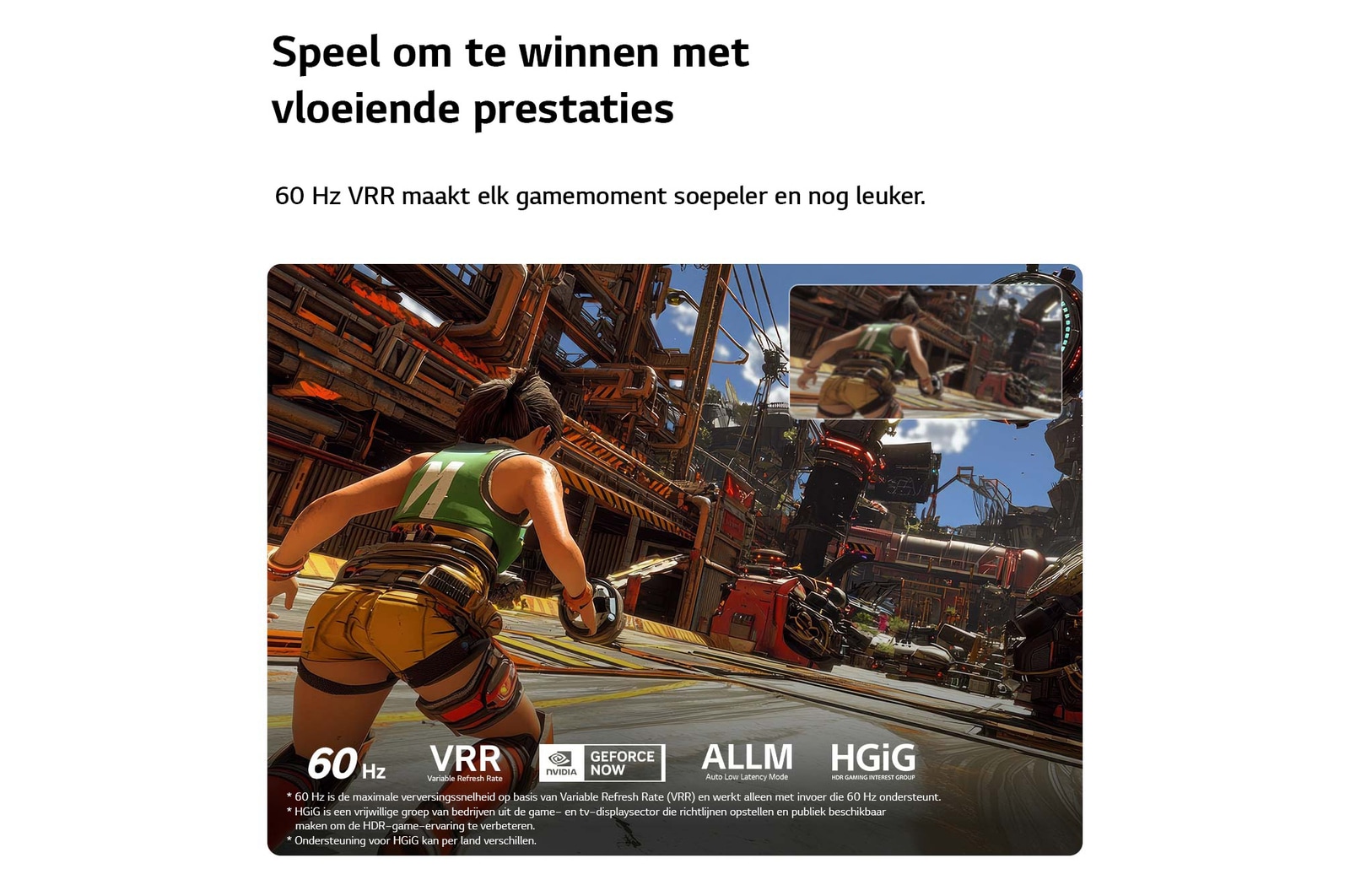 LG NANO 4K UHD AI NU90 voor Ultimate Gameplay toont een snelle actiegame-scène met een vergelijkingsinzet die vloeiendere bewegingen benadrukt, terwijl het tot 60Hz, VRR, ALLM, HGiG en GeForce NOW ondersteunt.