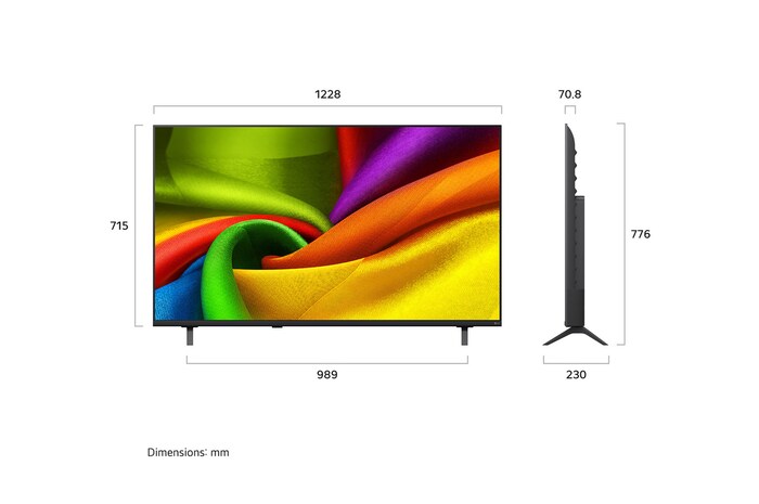 LG NANO 4K UHD AI NU90, weergegeven in voor- en zijaanzichten, benadrukt een 50-inch scherm met een scherm van 1112 mm breed, 649 mm schermhoogte, 711 mm hoogte met standaard, een profieldiepte van 70,8 mm en een standaardvoetafdruk van 902 bij 230 mm.