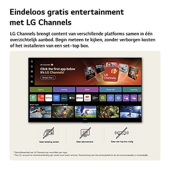 Het startscherm van LG NANO 4K UHD AI NU90 navigeert naar de LG Channels-interface, met gratis live tv-kanalen, films en exclusieve content. Het benadrukt directe toegang tot honderden entertainmentopties zonder betaling, zonder abonnement en zonder set-topbox.