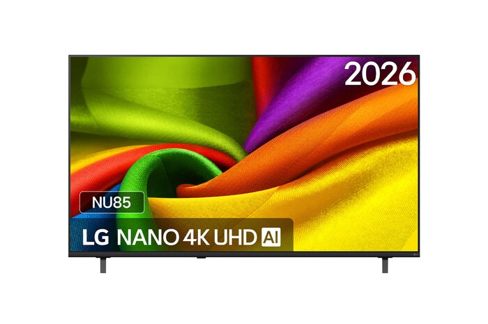 Het frontbeeld van LG NANO 4K UHD AI NU85, uitgebracht in 2026, vult het scherm met vloeiende, vloeiende lagen levendig gekleurde, stofachtige texturen, terwijl gebogen meerkleurige plooien zich over het scherm verspreiden.
