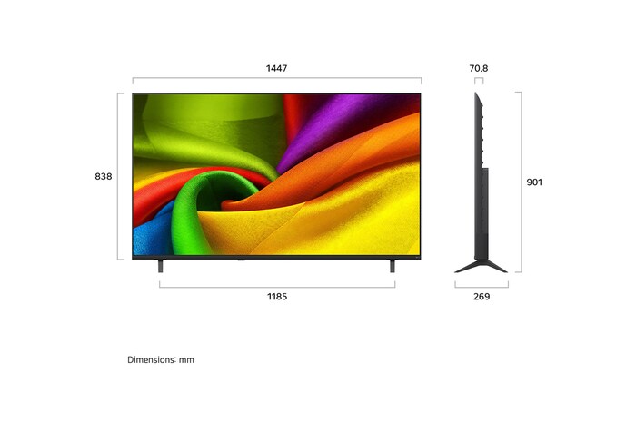LG NANO 4K UHD AI NU90 getoond in voor- en zijaanzichten benadrukt een 65-inch scherm met een scherm van 1447 mm breed, een schermhoogte van 838 mm, een hoogte van 901 mm met standaard, een profieldiepte van 70,8 mm en een standaardvoetafdruk van 1185 bij 269 mm.