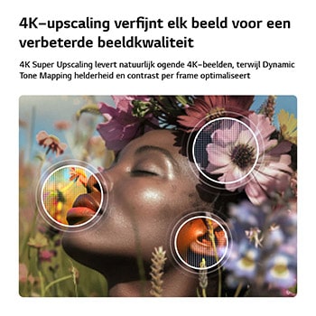 LG NANO 4K UHD AI NU90 maakt 4K Super Upscaling mogelijk met Dynamic Tone Mapping, waarbij een close-up portret met bloemen wordt getoond terwijl AI elk frame verfijnt om huidtextuur, fijne details en natuurlijke kleuren tot 4K-resolutie te verbeteren.
