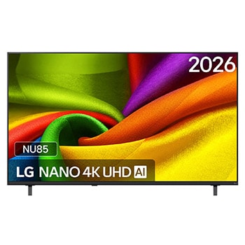Het frontbeeld van LG NANO 4K UHD AI NU85, uitgebracht in 2026, vult het scherm met vloeiende, vloeiende lagen levendig gekleurde, stofachtige texturen, terwijl gebogen meerkleurige plooien zich over het scherm verspreiden.
