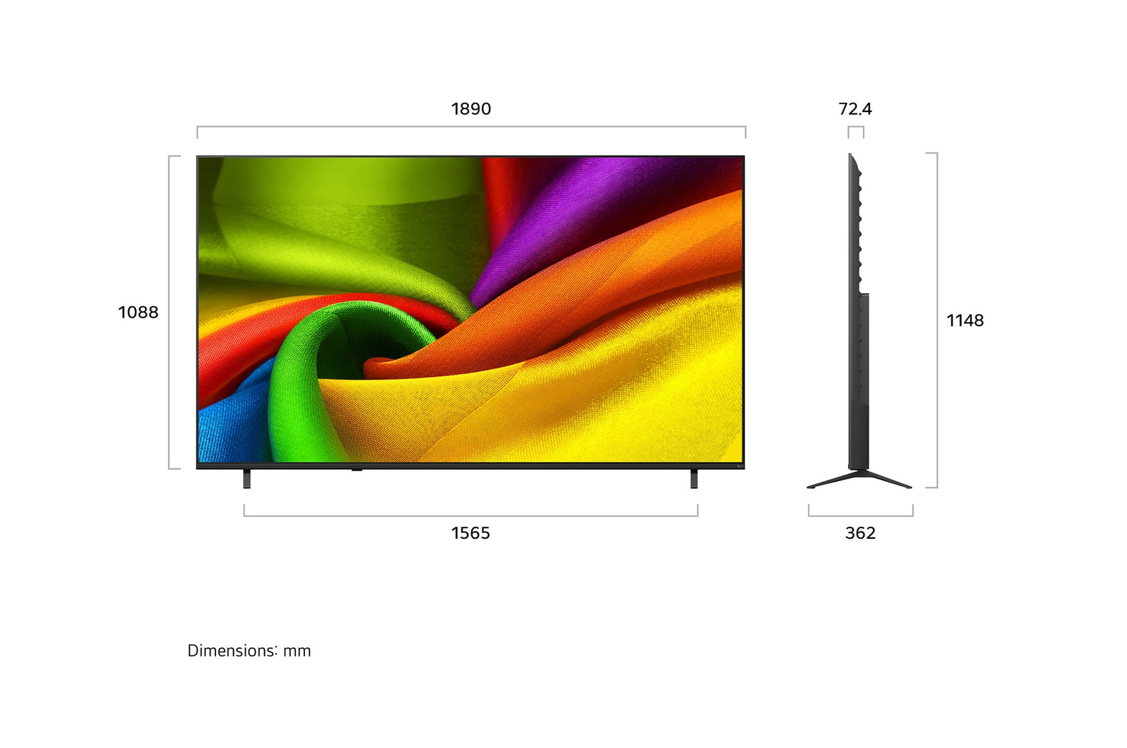LG NANO 4K UHD AI NU90 getoond in voor- en zijaanzichten benadrukt een 85-inch scherm met een scherm van 1890 mm breed, 1088 mm schermhoogte, 1148 mm hoogte met standaard, een profieldiepte van 72,4 mm en een standaardvoetafdruk van 1565 bij 362 mm.