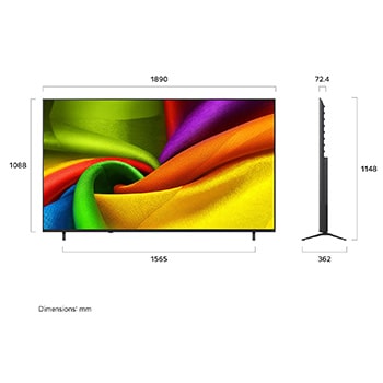 LG NANO 4K UHD AI NU90 getoond in voor- en zijaanzichten benadrukt een 85-inch scherm met een scherm van 1890 mm breed, 1088 mm schermhoogte, 1148 mm hoogte met standaard, een profieldiepte van 72,4 mm en een standaardvoetafdruk van 1565 bij 362 mm.
