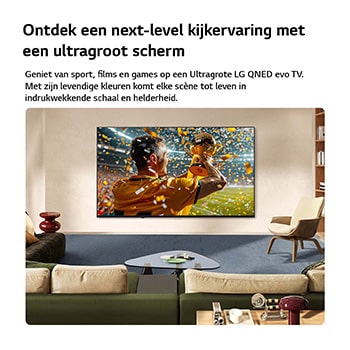 LG NANO 4K UHD AI NU90 Ultra Big TV is aan de muur gemonteerd in een woonruimte, met een sportoverwinningsscène met confetti en een trofee, met de nadruk op levendige kleuren, heldere details en een meeslepend gevoel van schaal.