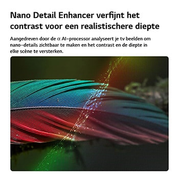 LG NANO 4K UHD AI NU90 met Nano Detail Enhancer toont een veerbeeld, aangedreven door de alpha AI Processor die fijne texturen detecteert om het contrast en de diepte te verbeteren en een helderder, meer driedimensional 4K-beeld te leveren.