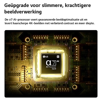 LG NANO 4K UHD AI NU90's alpha 7 AI Processor 4K Gen9 gloeit in het midden van een gele printplaat, wat slimmere, krachtigere AI-verwerking benadrukt die de 4K-beeldhelderheid verbetert met verbeterd contrast en diepte.
