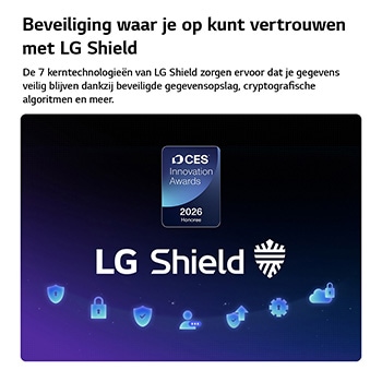 LG Shield, toegepast op LG QNED evo AI QNED90, is weergegeven met een LG Shield-logo in het midden, beveiligingsiconen eronder, en een 2026 CES Innovation Awards Honoree badge, die gegevens- en systeembescherming symboliseert.