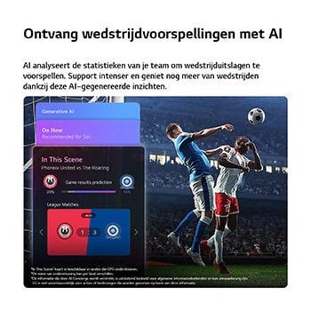 LG NANO 4K UHD AI NU90 Sports Forecast door AI Concierge toont een live voetbalwedstrijd met een AI-paneel op het scherm dat voorspellingen, wedstrijdinzichten en league-gegevens presenteert, waarmee wordt voorgesteld hoe AI gameplay analyseert om de uitkomst van de wedstrijd te voorspellen.