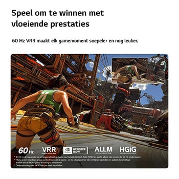 LG NANO 4K UHD AI NU90 voor Ultimate Gameplay toont een snelle actiegame-scène met een vergelijkingsinzet die vloeiendere bewegingen benadrukt, terwijl het tot 60Hz, VRR, ALLM, HGiG en GeForce NOW ondersteunt.
