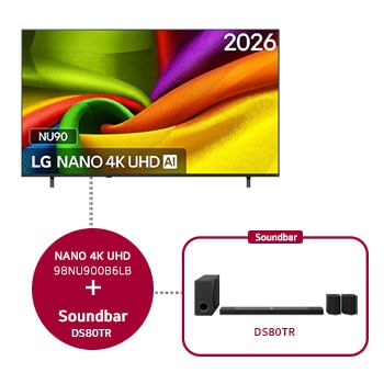 Vooraanzicht van 98 Inch LG NANO 4K UHD AI NU85 Smart TV 2026 & DS80TR 98NU900B6LB.DS80TR