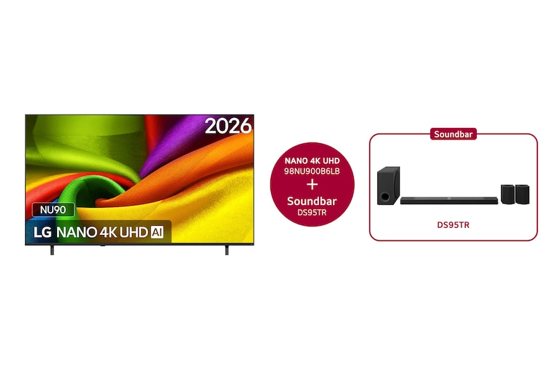 Vooraanzicht van 98 Inch LG NANO 4K UHD AI NU85 Smart TV 2026 & DS95TR 9.1.5-kanaals  98NU900B6LB.DS95TR