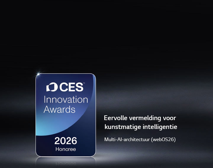 De CES Innovation Awards 2026-badge met eervolle vermelding wordt weergegeven op een donkere achtergrond. Multi-AI Architecture wordt erkend in de categorie Kunstmatige Intelligentie.