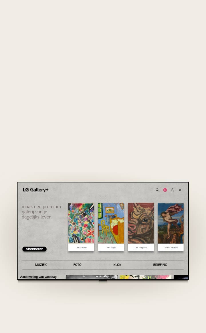 Een LG OLED evo AI C6 toont de grijze interface van LG Gallery+ met een menu voor het selecteren van muziek en thema's, waarbij je van het selecteren van voorkeuren naar het aanmaken van Mijn Album gaat en samengestelde kunstwerken kunt bekijken. 