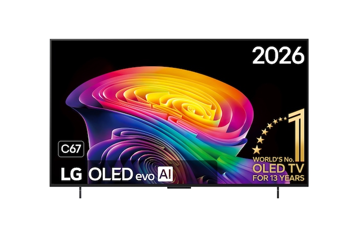 De voorkant van de LG OLED evo AI C6, gelanceerd in 2026, heeft een slanke zwarte rand met een levendige, gebeeldhouwde werveling van gelaagde regenboogtinten die over het scherm vloeien.
