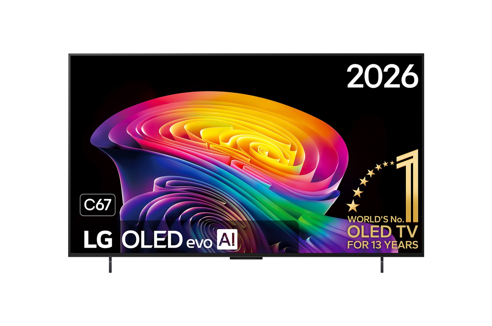De voorkant van de LG OLED evo AI C6, gelanceerd in 2026, heeft een slanke zwarte rand met een levendige, gebeeldhouwde werveling van gelaagde regenboogtinten die over het scherm vloeien.