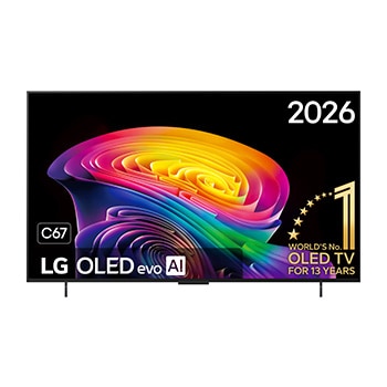 De voorkant van de LG OLED evo AI C6, gelanceerd in 2026, heeft een slanke zwarte rand met een levendige, gebeeldhouwde werveling van gelaagde regenboogtinten die over het scherm vloeien.