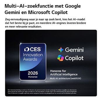 De CES Innovation Awards 2026-badge met eervolle vermelding in de categorie Kunstmatige Intelligentie erkent Multi-AI-zoekopdrachten met Google Gemini en Microsoft Copilot.