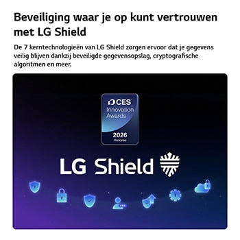 LG Shield, toegepast op LG OLED evo AI C6, wordt weergegeven met een LG Shield-logo in het midden, beveiligingspictogrammen onderaan en bovenaan een CES Innovation Awards 2026-badge met eervolle vermelding, die staat voor gegevens- en systeembescherming.