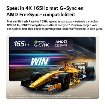 LG OLED evo AI C6 voor een ongeëvenaarde gameplay in 4K 165Hz toont een snelle racegame met een gele ‘open-wheel car’ in beweging, de opvallende tekst ‘WIN’ op het scherm en de logo’s van NVIDIA G-SYNC en AMD FreeSync Premium bovenaan.