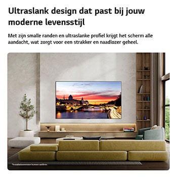Een LG OLED evo AI C6 is aan de muur bevestigd in een stijlvolle woonruimte. Het apparaat heeft een ultradun ontwerp met smalle randen en toont een stadsgezicht aan de rivier bij zonsondergang op het scherm. 