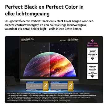 Een LG OLED evo AI C6 toont een gesplitst scherm met een afbeelding van een planeet en sterren, waarbij een mat scherm met anti-glare wordt vergeleken met het scherm met perfect zwart en perfecte kleuren voor een helderder beeld bij elke lichtomstandigheid, ondersteund door UL-certificering en Intertek-certificeringen voor kleurvolume en kleurechtheid.