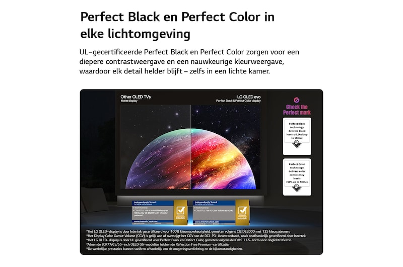 Een LG OLED evo AI C6 toont een gesplitst scherm met een afbeelding van een planeet en sterren, waarbij een mat scherm met anti-glare wordt vergeleken met het scherm met perfect zwart en perfecte kleuren voor een helderder beeld bij elke lichtomstandigheid, ondersteund door UL-certificering en Intertek-certificeringen voor kleurvolume en kleurechtheid.